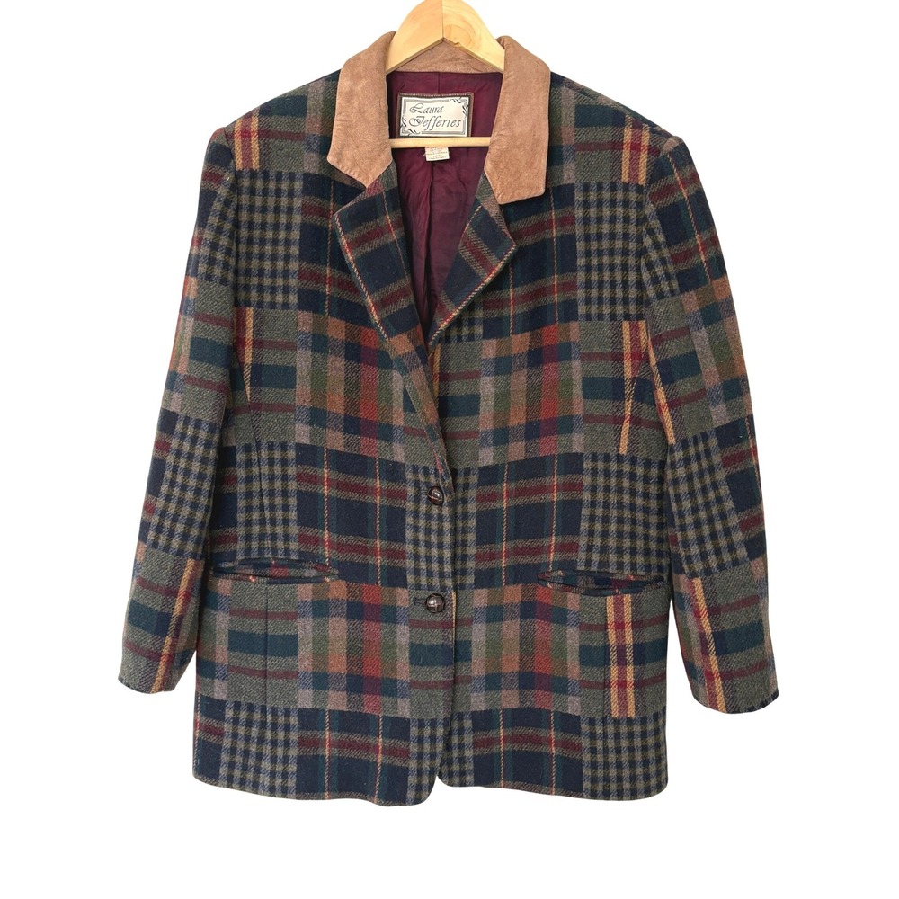 Vintage Wool Blend Patchwork Plaid Blazer Jacket Laura Jefferies Patchwork Large